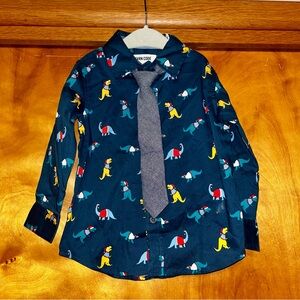 Kids' Christmas Dino Button Up Print Shirt with DetachableTie